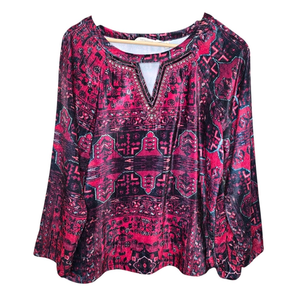 Soft Surroundings Top Womens Medium Pink Ottoman Velvet Beaded Blouse Casual